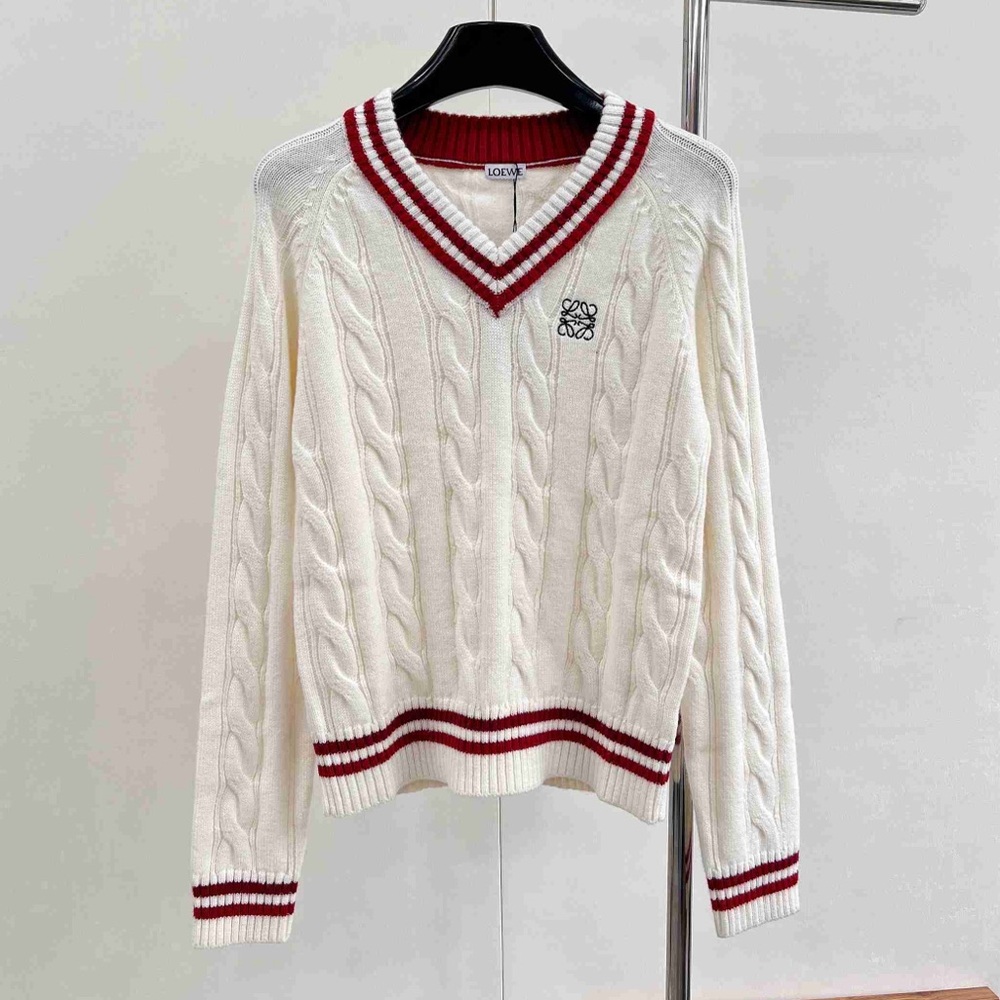 Loewe White V-Neck Sweater with Red Accents